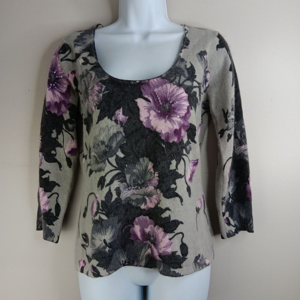 Cache Sweater Women Large Lambswool Angora Floral Gray Soft Classy Sophisticated